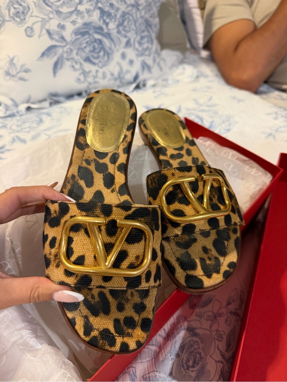 Valentino Leopard-Print Slide Sandals with Gold V Logo